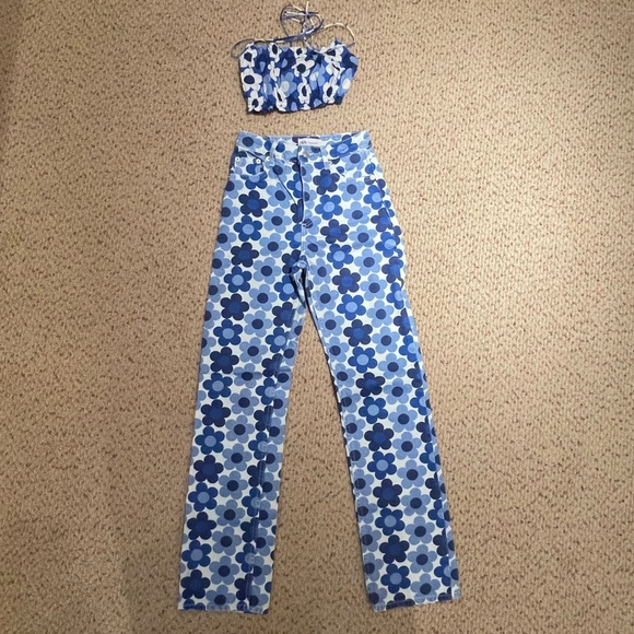 Zara Other Zara Blue Floral Printed Crop Top And Straight Leg Denim